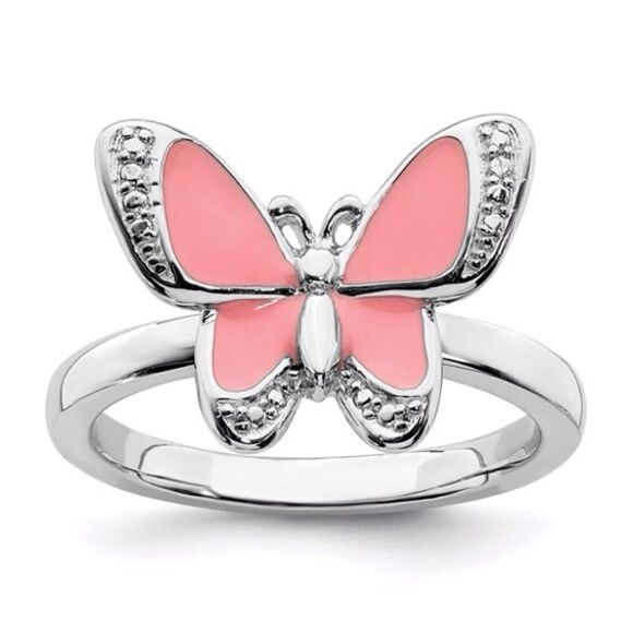 Sterling Silver Stackable Expressions Pink Enamel Butterfly Ring: - Picture 1 of 7